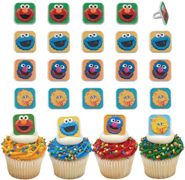 Main image of Sesame Street Rings, 24 Cupcake Toppers Featuring Elmo, Big Bird, Cookie Monster, Grover, Bright Colorful Cupcake Decorations, Food Safe - 24 Pack