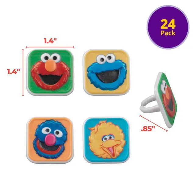 Alt view image 3 of 7 - Sesame Street Rings, 24 Cupcake Toppers Featuring Elmo, Big Bird, Cookie Monster, Grover, Bright Colorful Cupcake Decorations, Food Safe - 24 Pack