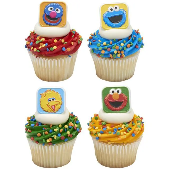 Alt view image 5 of 7 - Sesame Street Rings, 24 Cupcake Toppers Featuring Elmo, Big Bird, Cookie Monster, Grover, Bright Colorful Cupcake Decorations, Food Safe - 24 Pack