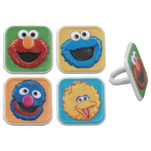 Alt view image 6 of 7 - Sesame Street Rings, 24 Cupcake Toppers Featuring Elmo, Big Bird, Cookie Monster, Grover, Bright Colorful Cupcake Decorations, Food Safe - 24 Pack