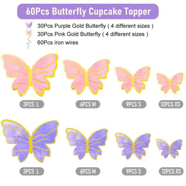 Alt view image 5 of 6 - 60Pcs Butterfly Cupcake Topper Pink Purple Gold Butterflies | Lively 3D Butterflies for Cake Decor Birthday Anniversary Kids Wedding Girl Women Party Wall Food