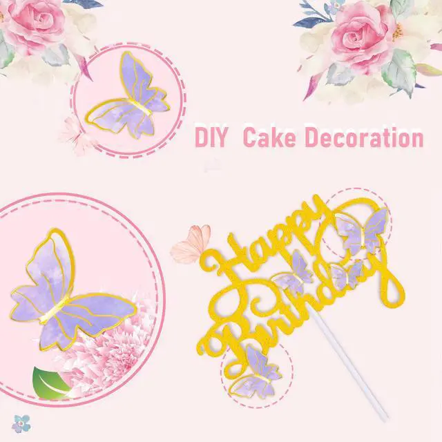 Alt view image 4 of 6 - 60Pcs Butterfly Cupcake Topper Pink Purple Gold Butterflies | Lively 3D Butterflies for Cake Decor Birthday Anniversary Kids Wedding Girl Women Party Wall Food