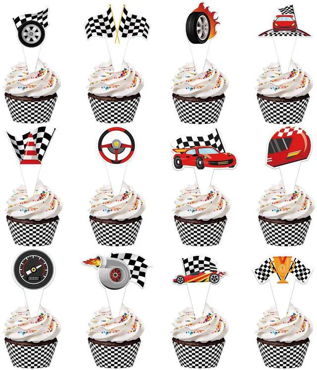 Main image of 48 Pack Race Car Cupcake Toppers and Wrappers, Race Car Party Cake Decoration for Racing Checkered Theme Birthday Party Baby Shower Supplies