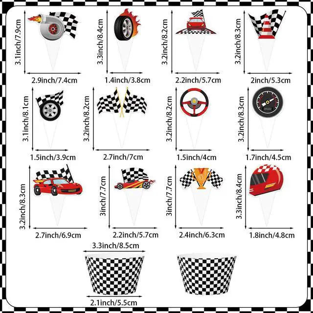 Alt view image 2 of 7 - 48 Pack Race Car Cupcake Toppers and Wrappers, Race Car Party Cake Decoration for Racing Checkered Theme Birthday Party Baby Shower Supplies