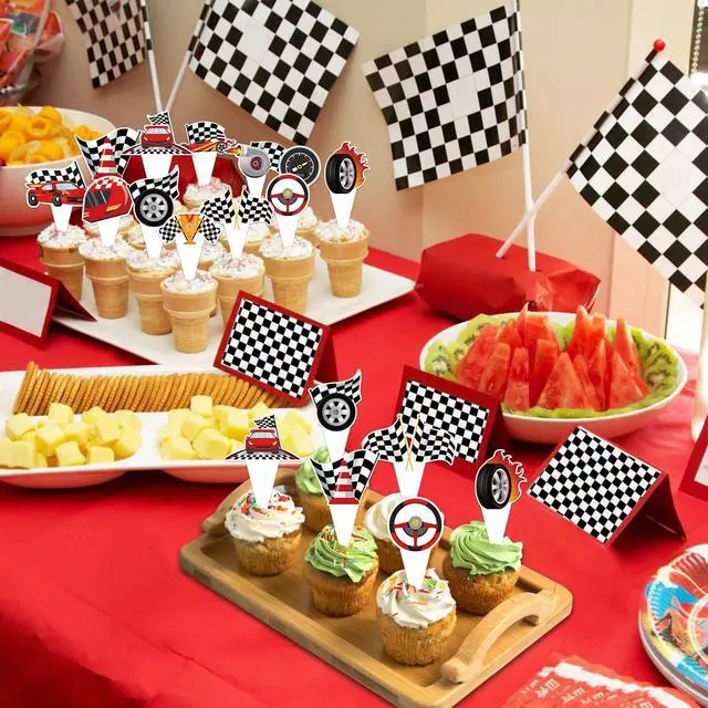 Alt view image 3 of 7 - 48 Pack Race Car Cupcake Toppers and Wrappers, Race Car Party Cake Decoration for Racing Checkered Theme Birthday Party Baby Shower Supplies