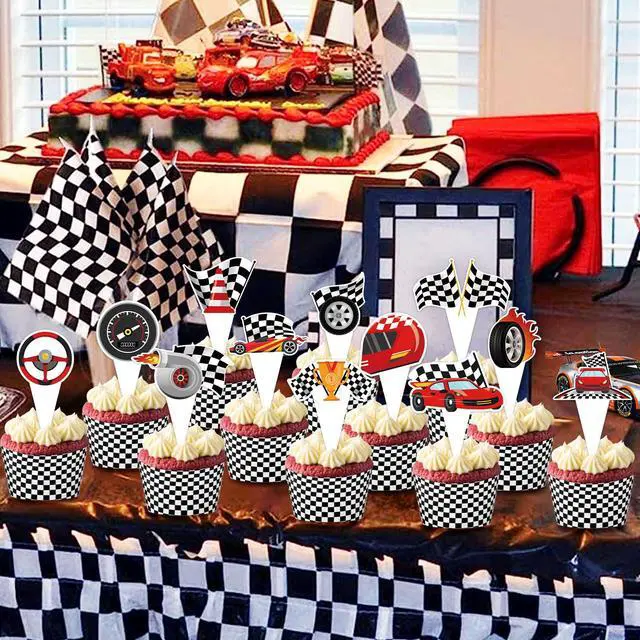 Alt view image 4 of 7 - 48 Pack Race Car Cupcake Toppers and Wrappers, Race Car Party Cake Decoration for Racing Checkered Theme Birthday Party Baby Shower Supplies
