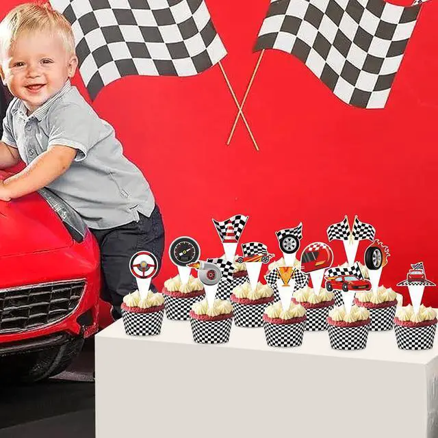 Alt view image 5 of 7 - 48 Pack Race Car Cupcake Toppers and Wrappers, Race Car Party Cake Decoration for Racing Checkered Theme Birthday Party Baby Shower Supplies