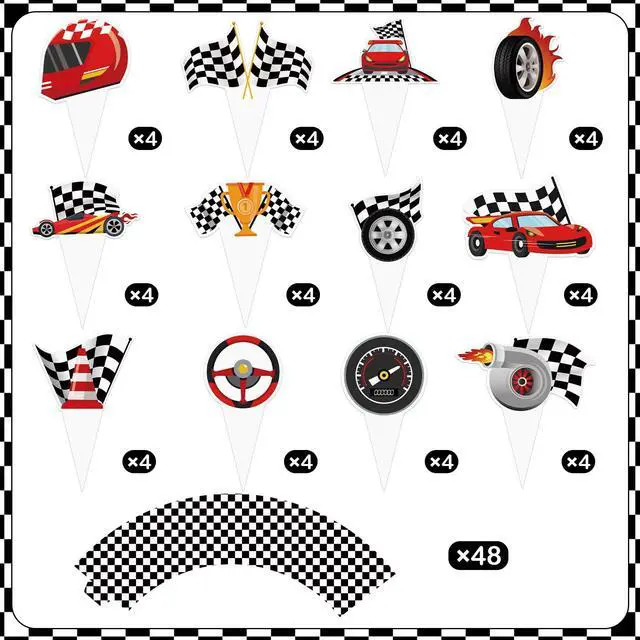 Alt view image 6 of 7 - 48 Pack Race Car Cupcake Toppers and Wrappers, Race Car Party Cake Decoration for Racing Checkered Theme Birthday Party Baby Shower Supplies