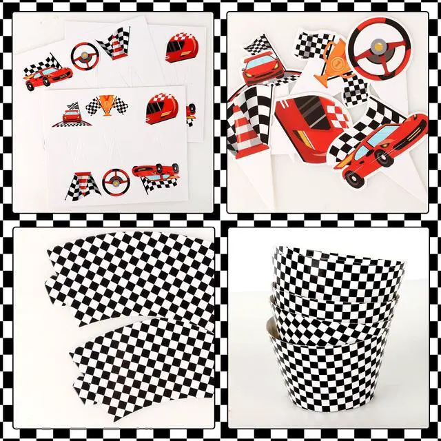 Alt view image 7 of 7 - 48 Pack Race Car Cupcake Toppers and Wrappers, Race Car Party Cake Decoration for Racing Checkered Theme Birthday Party Baby Shower Supplies