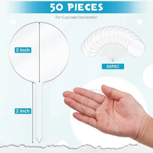 Alt view image 2 of 7 - 50Pcs 2 Inch Round Clear Acrylic Blank Cupcake Toppers With Sticks | DIY Mini Clear Circle Cupcake Picks Topper, Birthday Wedding Party Decor, Need To Peel Protective Film Off Before Use