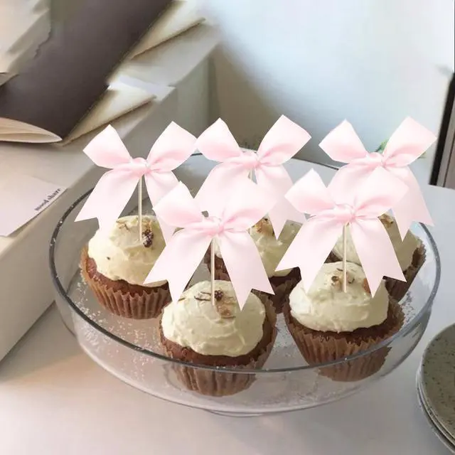 Alt view image 5 of 7 - 24 PCS Bow Cupcake Toppers Bowknot Coquette Bow Girls Birthday Cake Decorations Bow Cake Toppers Bowknot Cupcake Picks for Baby Shower Birthday Wedding Bridal Engagement Party Supplies Pink