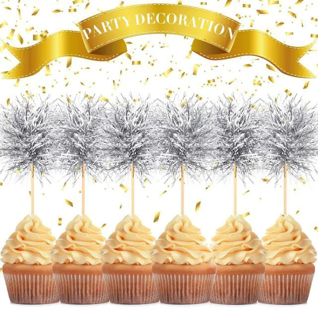Alt view image 3 of 7 - 100 Pcs Silver Foil Firework Cupcake Toppers New Year Sparkle Tinsel Cake Toppers Cake Decoration Cocktail Fruit Toothpick for Birthday Wedding Graduation Party