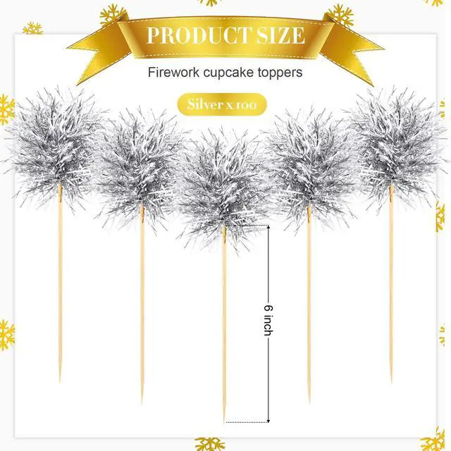 Alt view image 2 of 7 - 100 Pcs Silver Foil Firework Cupcake Toppers New Year Sparkle Tinsel Cake Toppers Cake Decoration Cocktail Fruit Toothpick for Birthday Wedding Graduation Party