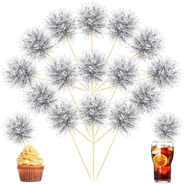 Main image of 100 Pcs Silver Foil Firework Cupcake Toppers New Year Sparkle Tinsel Cake Toppers Cake Decoration Cocktail Fruit Toothpick for Birthday Wedding Graduation Party