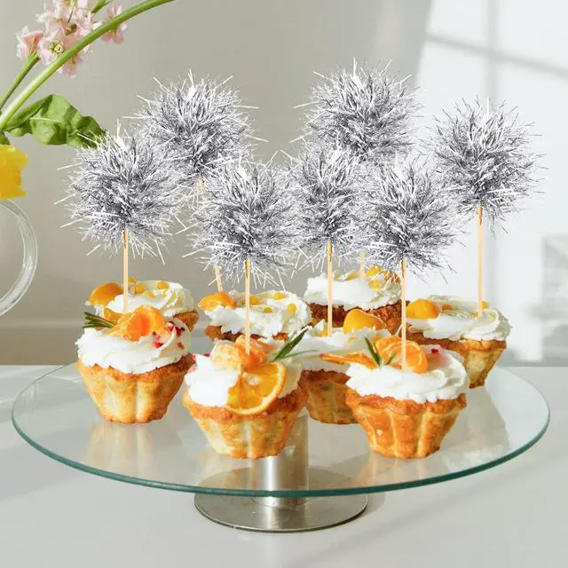 Alt view image 6 of 7 - 100 Pcs Silver Foil Firework Cupcake Toppers New Year Sparkle Tinsel Cake Toppers Cake Decoration Cocktail Fruit Toothpick for Birthday Wedding Graduation Party