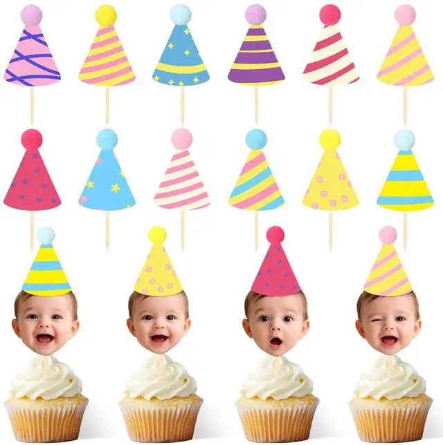 Main image of 36 Pcs DIY Baby Face Photo Cake Topper Kit, Rainbow Color, Stylish Style | Flat Birthday Hats with Pom Poms & Wooden Stick for First Birthday Personalized Cake Decoration Baby's Cupcake Topper