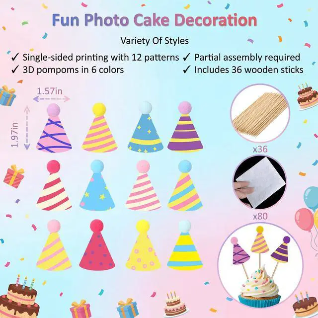 Alt view image 2 of 7 - 36 Pcs DIY Baby Face Photo Cake Topper Kit, Rainbow Color, Stylish Style | Flat Birthday Hats with Pom Poms & Wooden Stick for First Birthday Personalized Cake Decoration Baby's Cupcake Topper