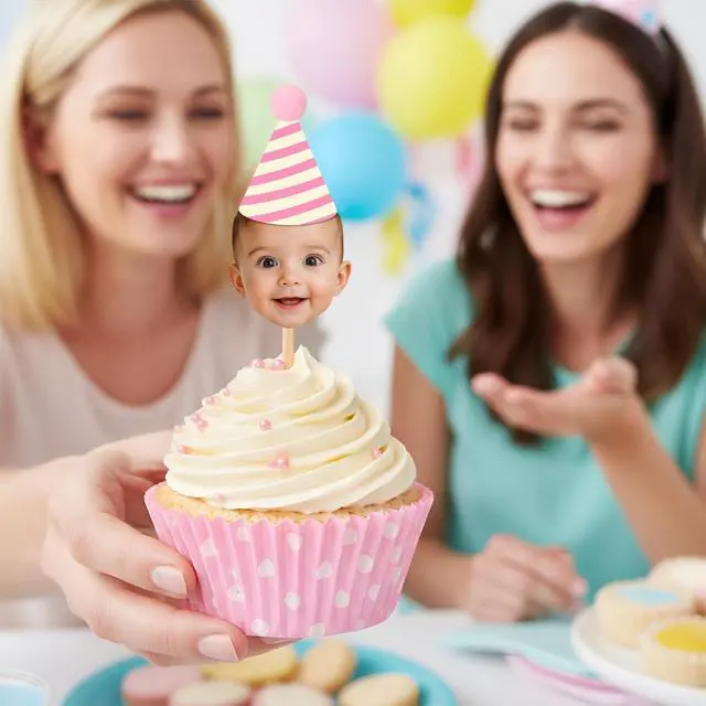 Alt view image 4 of 7 - 36 Pcs DIY Baby Face Photo Cake Topper Kit, Rainbow Color, Stylish Style | Flat Birthday Hats with Pom Poms & Wooden Stick for First Birthday Personalized Cake Decoration Baby's Cupcake Topper