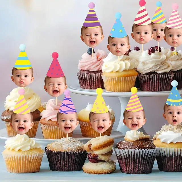 Alt view image 5 of 7 - 36 Pcs DIY Baby Face Photo Cake Topper Kit, Rainbow Color, Stylish Style | Flat Birthday Hats with Pom Poms & Wooden Stick for First Birthday Personalized Cake Decoration Baby's Cupcake Topper