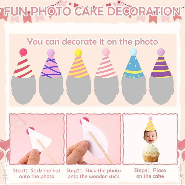 Alt view image 3 of 7 - 36 Pcs DIY Baby Face Photo Cake Topper Kit, Rainbow Color, Stylish Style | Flat Birthday Hats with Pom Poms & Wooden Stick for First Birthday Personalized Cake Decoration Baby's Cupcake Topper