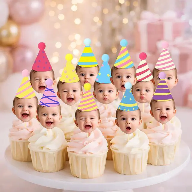 Alt view image 6 of 7 - 36 Pcs DIY Baby Face Photo Cake Topper Kit, Rainbow Color, Stylish Style | Flat Birthday Hats with Pom Poms & Wooden Stick for First Birthday Personalized Cake Decoration Baby's Cupcake Topper