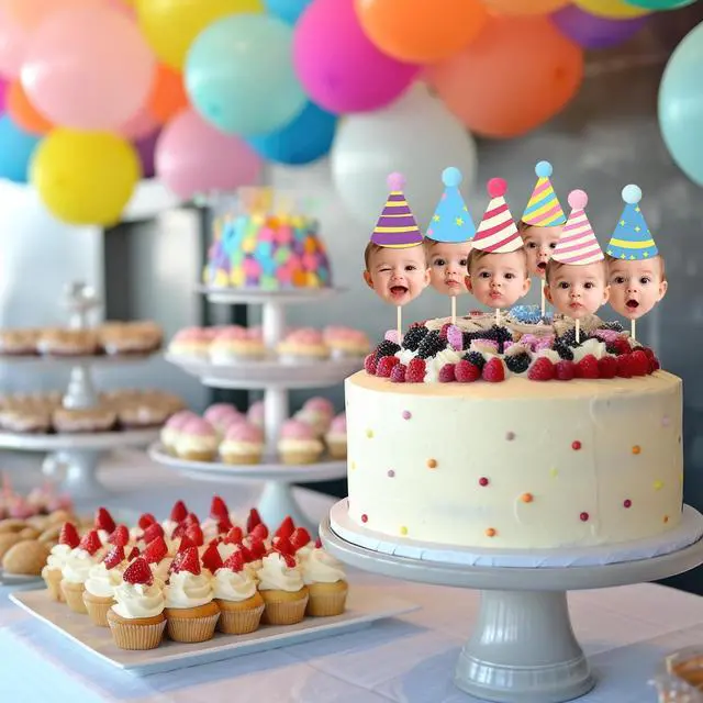 Alt view image 7 of 7 - 36 Pcs DIY Baby Face Photo Cake Topper Kit, Rainbow Color, Stylish Style | Flat Birthday Hats with Pom Poms & Wooden Stick for First Birthday Personalized Cake Decoration Baby's Cupcake Topper