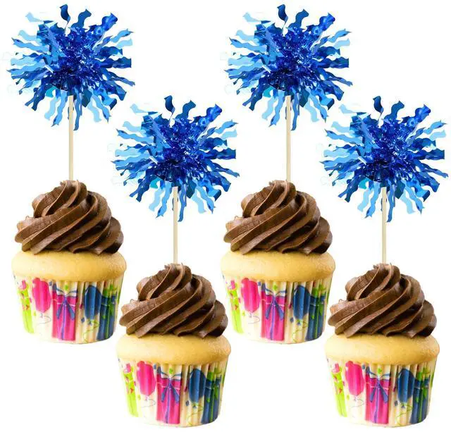 Main image of 30Pcs Foil Firework Cupcake Toppers Happy Birthday Cake Toppers Sparkle Tinsel Flower Drink Stirrers Cocktail Food Fruit Toothpicks for Valentine's Day Party Supplies Blue