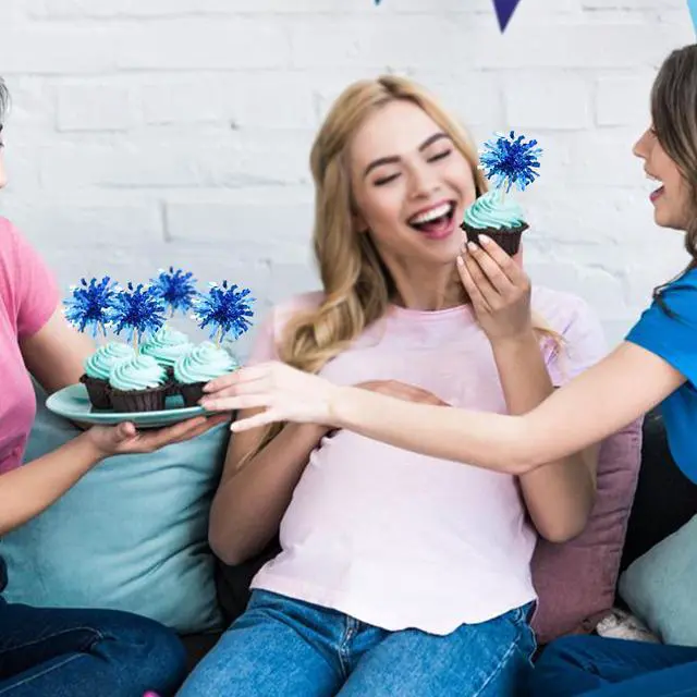 Alt view image 4 of 7 - 30Pcs Foil Firework Cupcake Toppers Happy Birthday Cake Toppers Sparkle Tinsel Flower Drink Stirrers Cocktail Food Fruit Toothpicks for Valentine's Day Party Supplies Blue