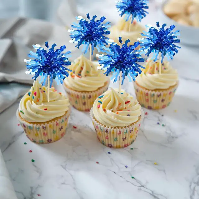 Alt view image 5 of 7 - 30Pcs Foil Firework Cupcake Toppers Happy Birthday Cake Toppers Sparkle Tinsel Flower Drink Stirrers Cocktail Food Fruit Toothpicks for Valentine's Day Party Supplies Blue