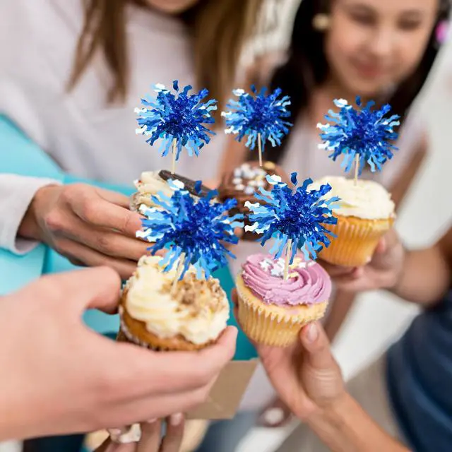 Alt view image 6 of 7 - 30Pcs Foil Firework Cupcake Toppers Happy Birthday Cake Toppers Sparkle Tinsel Flower Drink Stirrers Cocktail Food Fruit Toothpicks for Valentine's Day Party Supplies Blue