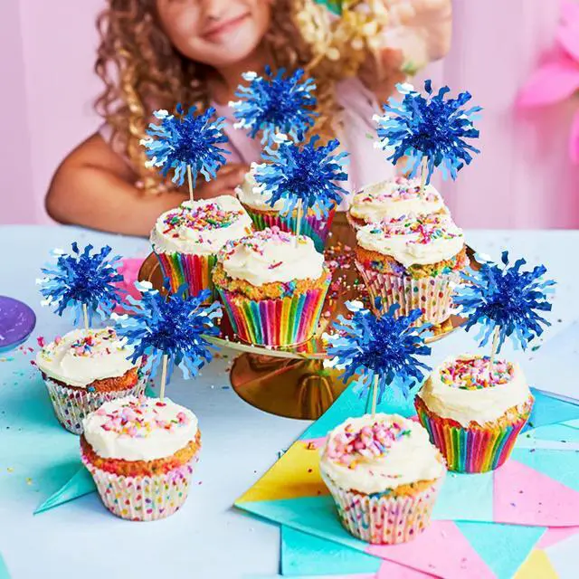 Alt view image 7 of 7 - 30Pcs Foil Firework Cupcake Toppers Happy Birthday Cake Toppers Sparkle Tinsel Flower Drink Stirrers Cocktail Food Fruit Toothpicks for Valentine's Day Party Supplies Blue