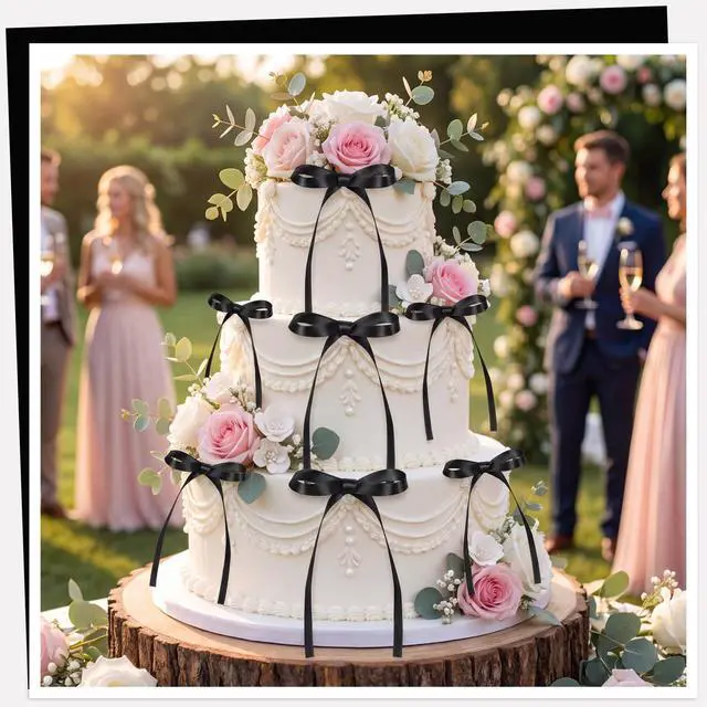 Alt view image 3 of 7 - 30 Pack Bow Cake Toppers Black Ribbon Bows for Cake Back to School Decor | Bow Birthday Decorations for Baby Shower, Wedding, Engagement, Bachelorette Party