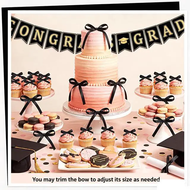 Alt view image 5 of 7 - 30 Pack Bow Cake Toppers Black Ribbon Bows for Cake Back to School Decor | Bow Birthday Decorations for Baby Shower, Wedding, Engagement, Bachelorette Party