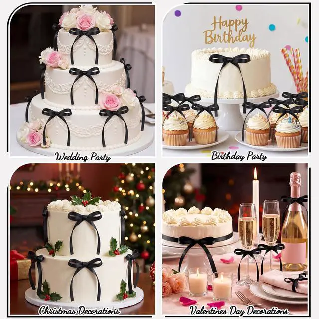 Alt view image 6 of 7 - 30 Pack Bow Cake Toppers Black Ribbon Bows for Cake Back to School Decor | Bow Birthday Decorations for Baby Shower, Wedding, Engagement, Bachelorette Party