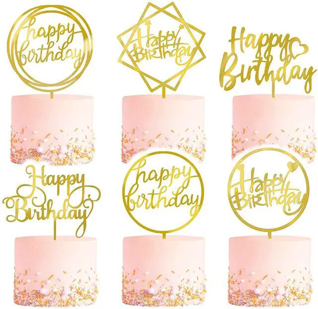 Main image of 6-Pack Gold Cake Topper Set, Double-Sided Glitter, Acrylic Happy Birthday Cupcake Toppers, Birthday Decorations for Children or Adults.