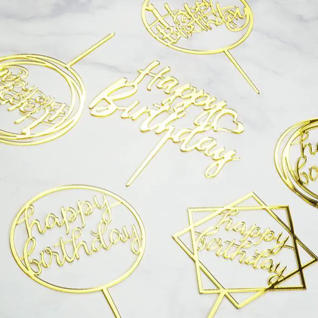 Alt view image 2 of 7 - 6-Pack Gold Cake Topper Set, Double-Sided Glitter, Acrylic Happy Birthday Cupcake Toppers, Birthday Decorations for Children or Adults.