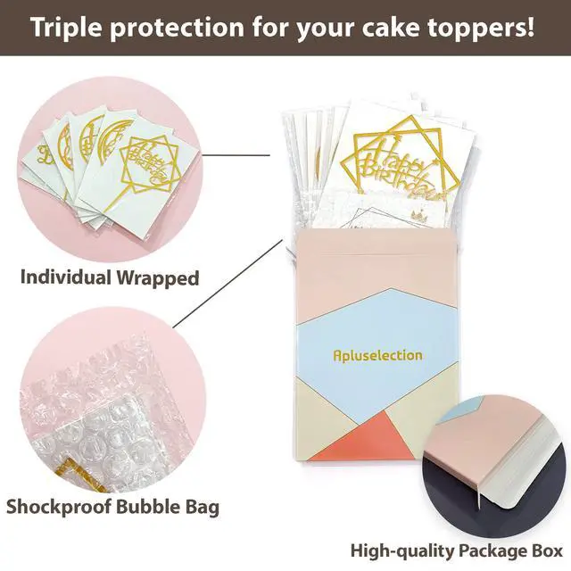 Alt view image 5 of 7 - 6-Pack Gold Cake Topper Set, Double-Sided Glitter, Acrylic Happy Birthday Cupcake Toppers, Birthday Decorations for Children or Adults.