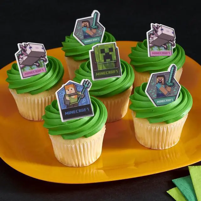 Alt view image 2 of 7 - Minecraft Lush Finds Rings, Cupcake Decorations Featuring Creeper, Alex, Steve and Axolotl! Multicolored 3D Food Safe Cake Toppers 24 Pack