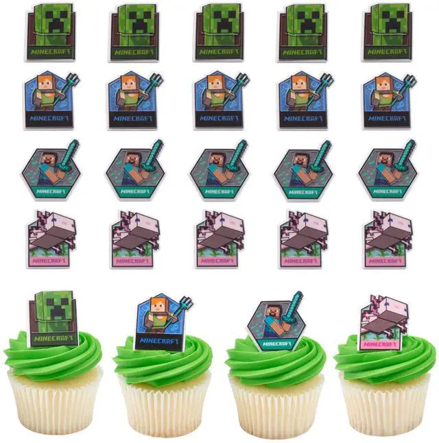 Main image of Minecraft Lush Finds Rings, Cupcake Decorations Featuring Creeper, Alex, Steve and Axolotl! Multicolored 3D Food Safe Cake Toppers 24 Pack