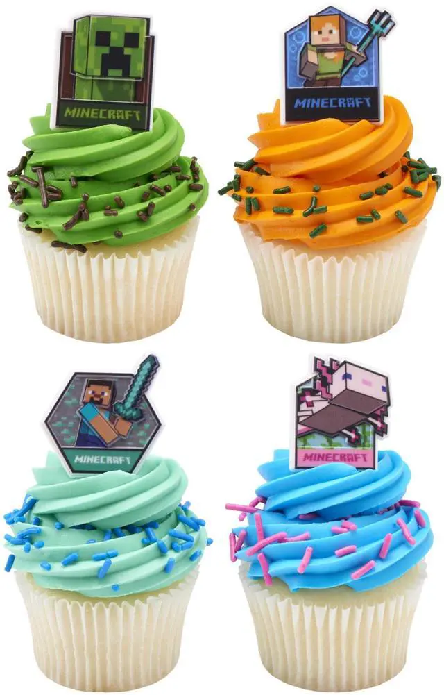 Alt view image 5 of 7 - Minecraft Lush Finds Rings, Cupcake Decorations Featuring Creeper, Alex, Steve and Axolotl! Multicolored 3D Food Safe Cake Toppers 24 Pack