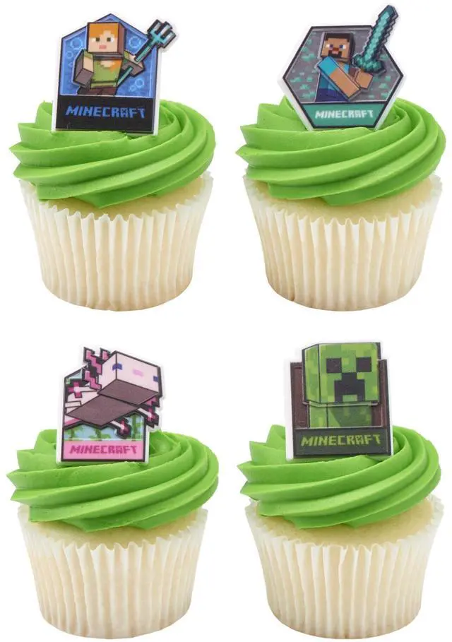 Alt view image 6 of 7 - Minecraft Lush Finds Rings, Cupcake Decorations Featuring Creeper, Alex, Steve and Axolotl! Multicolored 3D Food Safe Cake Toppers 24 Pack