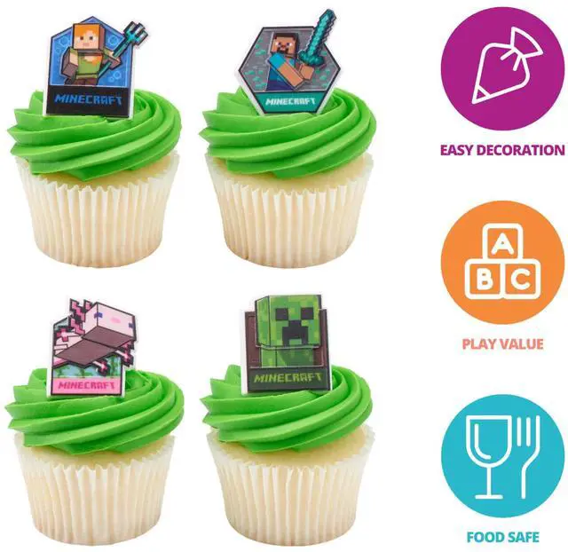 Alt view image 3 of 7 - Minecraft Lush Finds Rings, Cupcake Decorations Featuring Creeper, Alex, Steve and Axolotl! Multicolored 3D Food Safe Cake Toppers 24 Pack