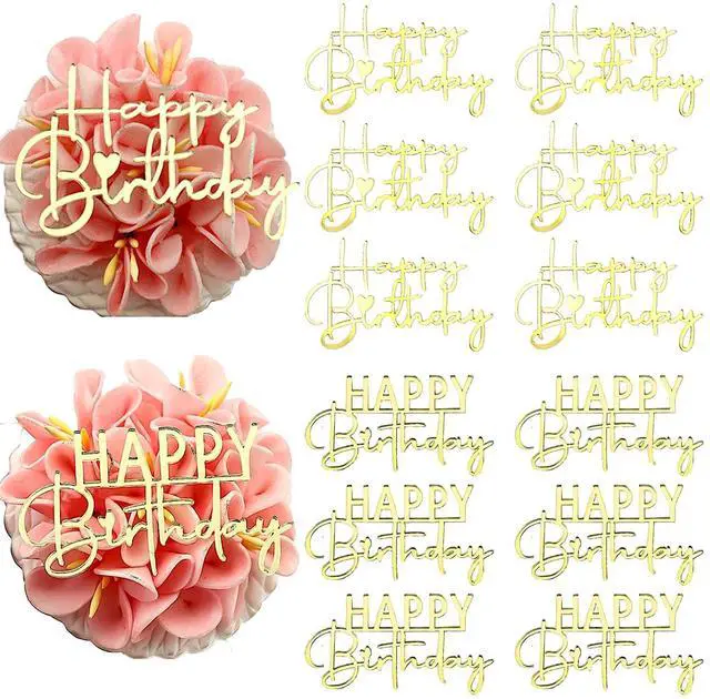 Main image of Happy Birthday Cupcake Topper, Gold Mirror Acrylic, 12 Pieces | Mini Size Cake Topper, 2 Styles, Dessert Decorations, Gold Mirror Party Suppliers