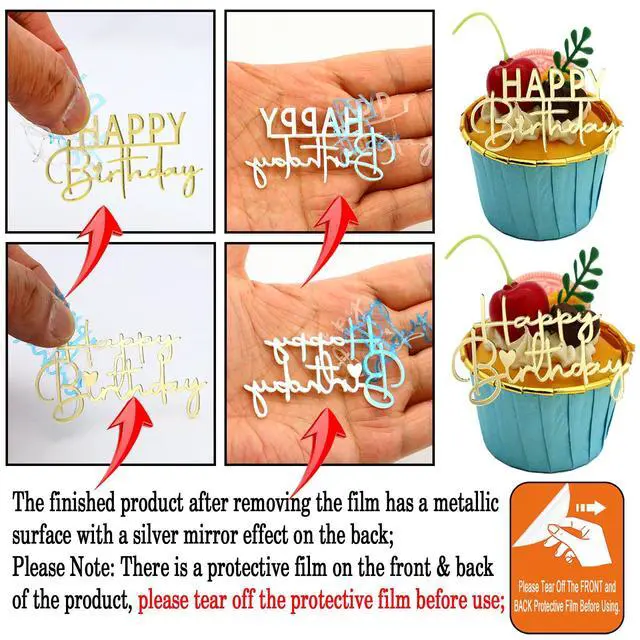 Alt view image 6 of 7 - Happy Birthday Cupcake Topper, Gold Mirror Acrylic, 12 Pieces | Mini Size Cake Topper, 2 Styles, Dessert Decorations, Gold Mirror Party Suppliers