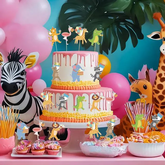 Alt view image 4 of 7 - 40Pcs Safari Cupcake Toppers Animal Birthday Party Cake Decorations Animal Parade Cupcake Toppers for Kids Jungle Theme Baby Shower Zoo Wild Birthday Party Decorations Supplies