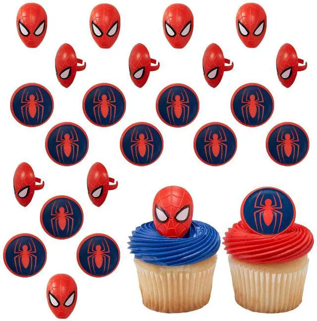 Main image of Marvel's Spider-Man Spider and Mask Rings, Spider-Man Cupcake Decorations, Red and Blue Food Safe Cake Toppers 24 Pack