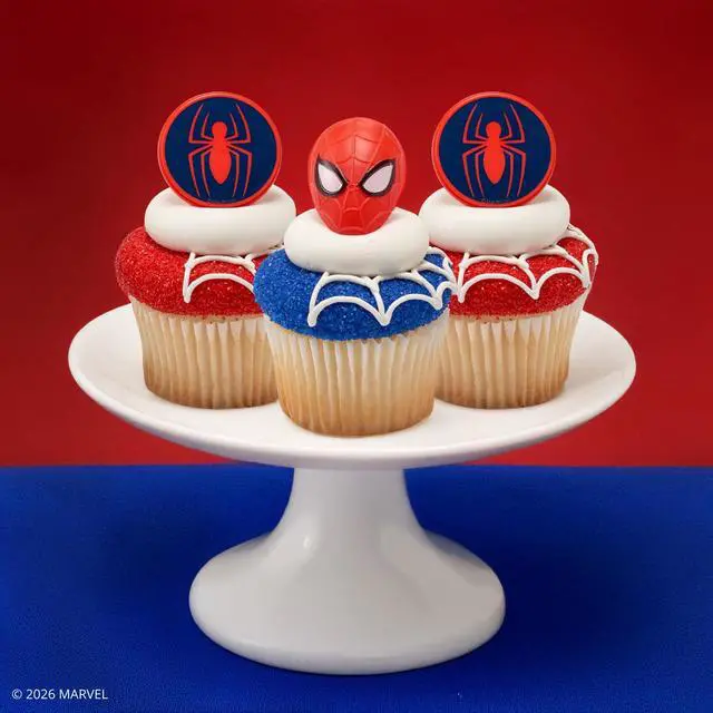 Alt view image 2 of 7 - Marvel's Spider-Man Spider and Mask Rings, Spider-Man Cupcake Decorations, Red and Blue Food Safe Cake Toppers 24 Pack