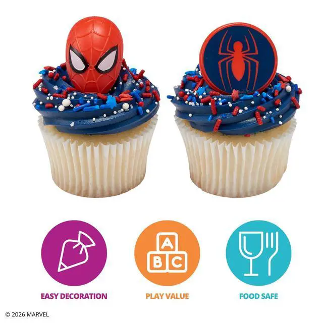 Alt view image 4 of 7 - Marvel's Spider-Man Spider and Mask Rings, Spider-Man Cupcake Decorations, Red and Blue Food Safe Cake Toppers 24 Pack