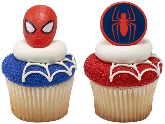 Alt view image 7 of 7 - Marvel's Spider-Man Spider and Mask Rings, Spider-Man Cupcake Decorations, Red and Blue Food Safe Cake Toppers 24 Pack