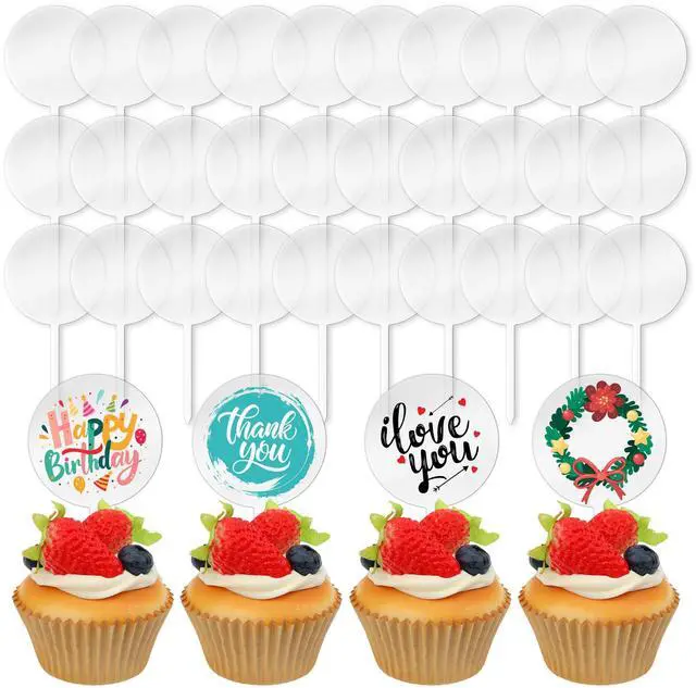 Main image of Blank Acrylic Cupcake Toppers, 50 Packs Round Cupcake Topper with Sticks, DIY Dessert Table Cupcake Signs, Suitable for Birthdays, Weddings, Christmas, Baby Showers Cake Decoration